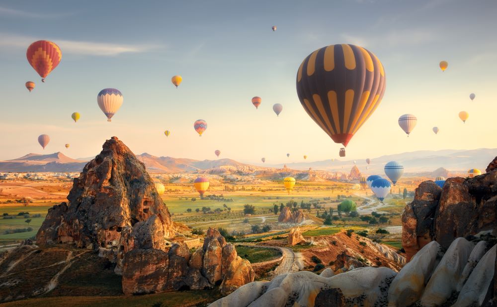 colorful hot air balloons in the evening sky