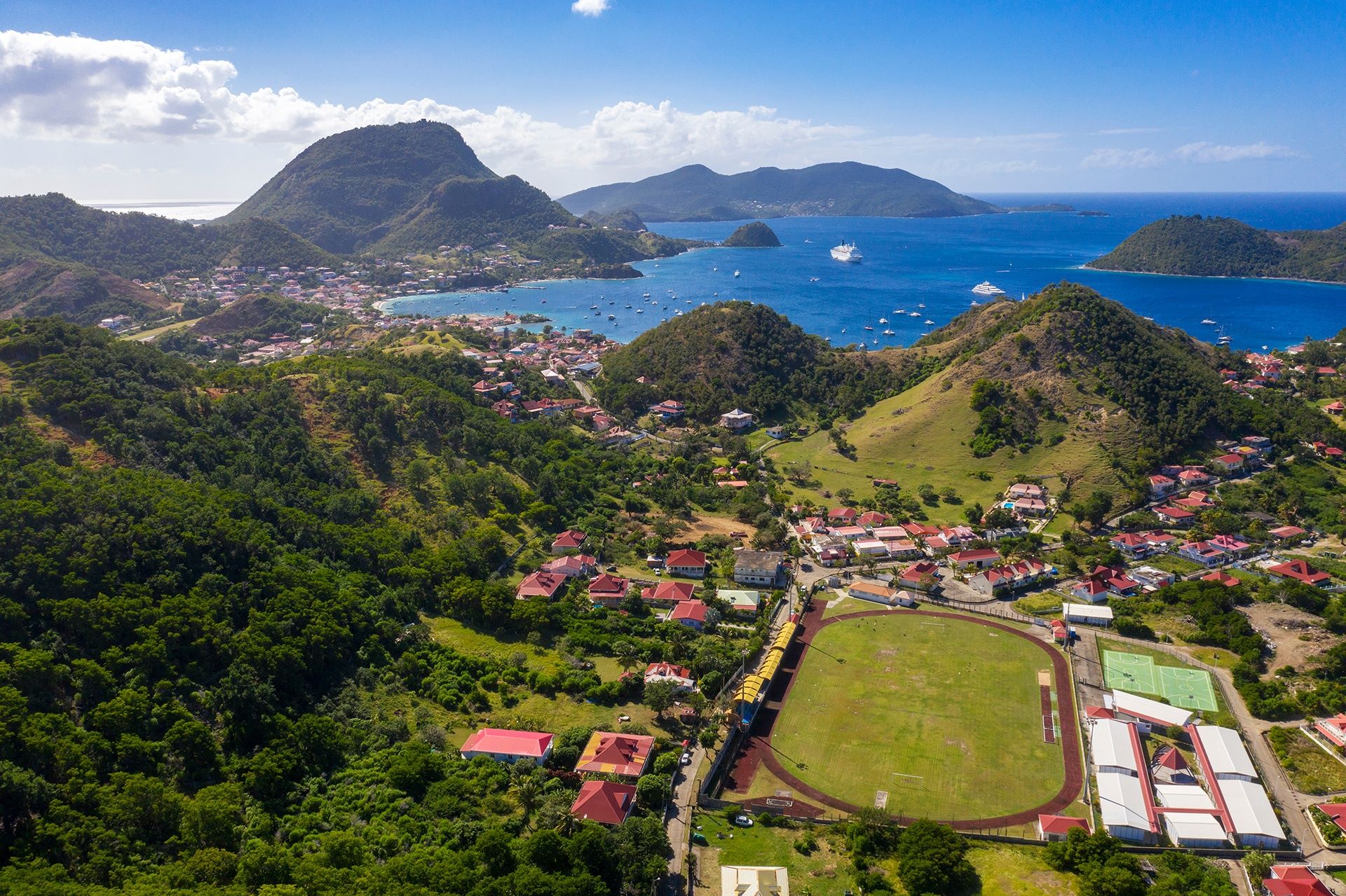 Aerial view of village in the Caribbean