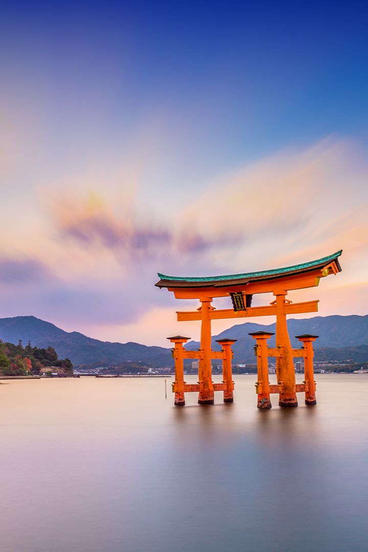 floating Japanese gate in evening