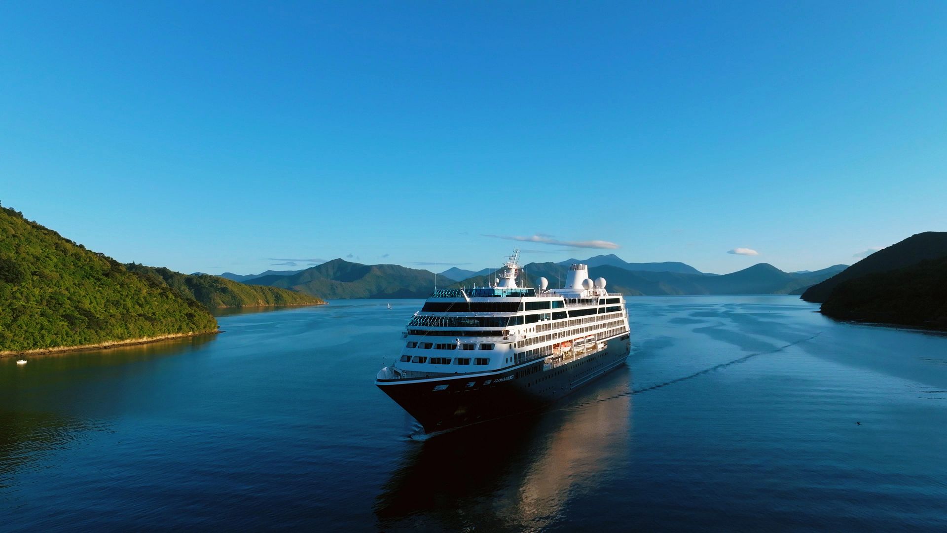 aerial view of ship sailing through sound