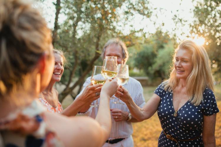 Group of friends having a glass of wine. They're having a toast for their holidays.