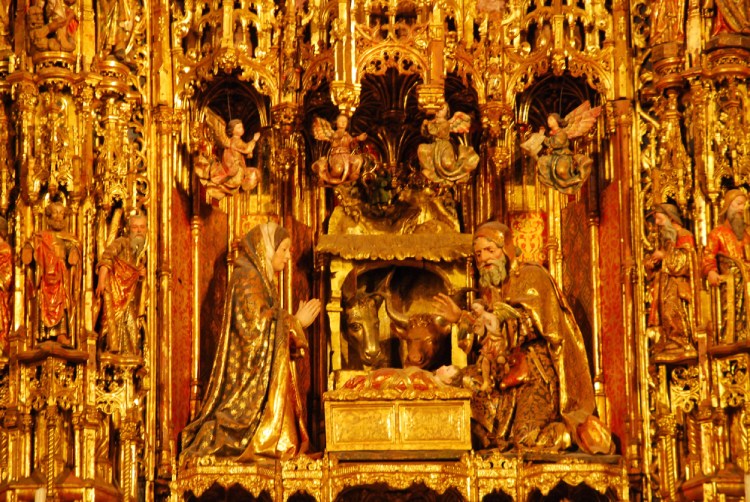 Inside of the Cathedral of Saint Mary of the See. Altar pieces with nativity scene.