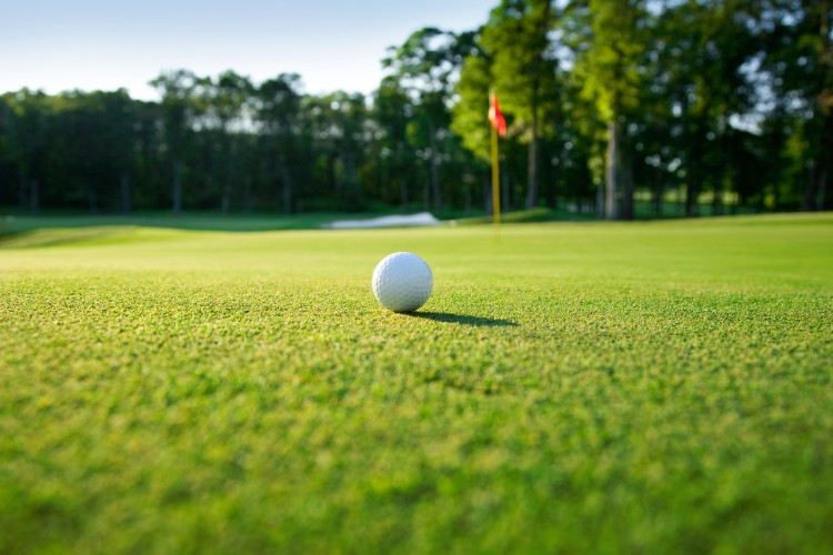 Golf ball sitting on a green with the flagstick nearby