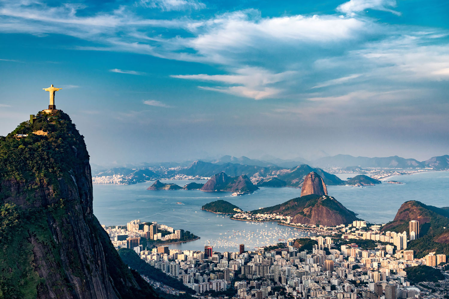 Aerial view of Rio De Janeiro. Brazil in South America with statue of Christ the Redeemer