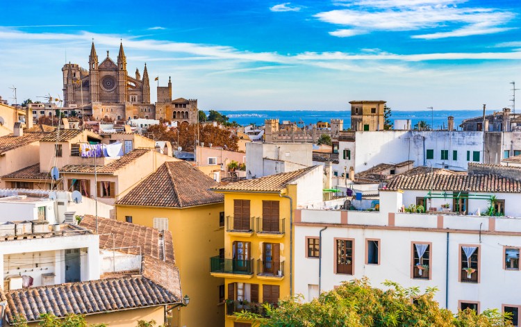 old town Palma de Mallorca with view of the famous Cathedral La Seu