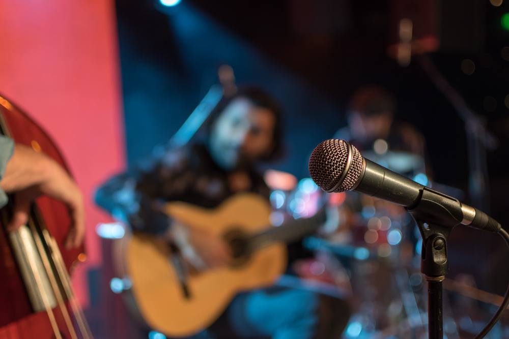 Microphone stand with blurred image of guitarist