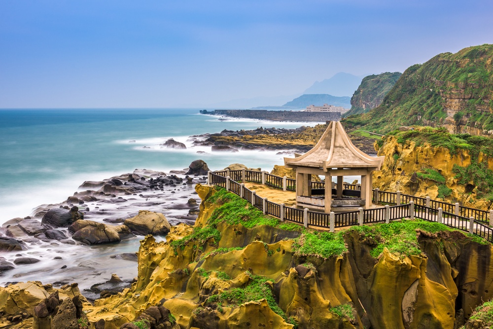 Gazebo on rocky shoreline